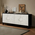 Porte à motif symétrique sculpté et cadre couleur bois pour meuble TV