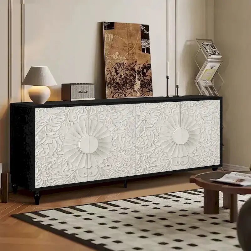 Porte à motif symétrique sculpté et cadre couleur bois pour meuble TV