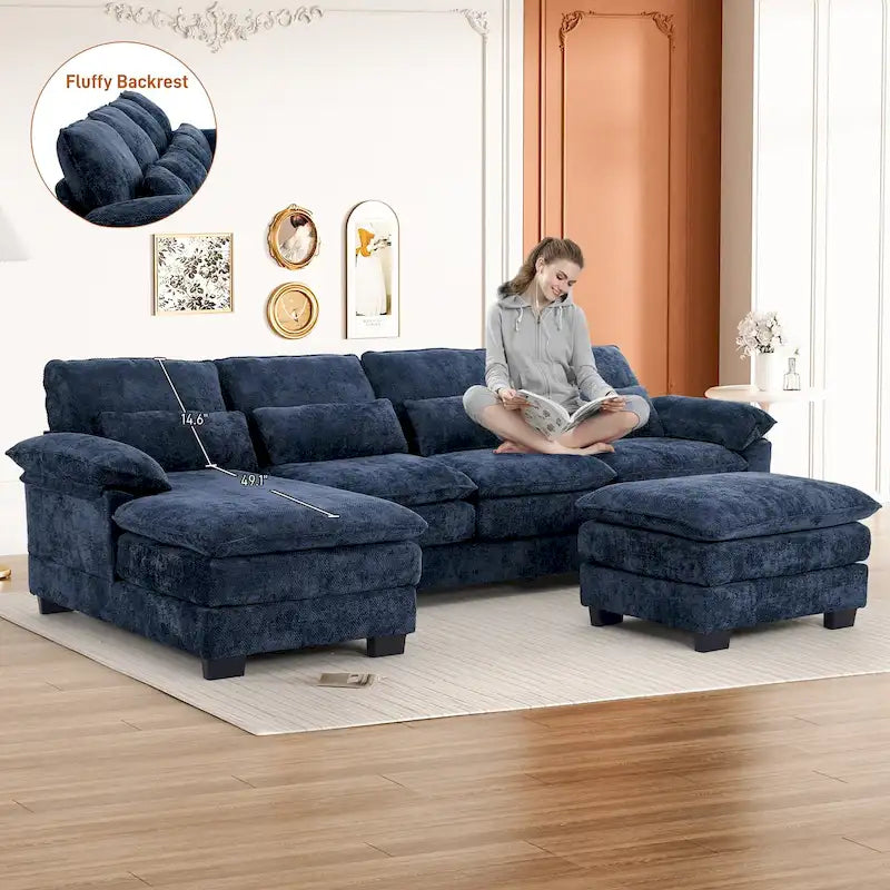 Canapé d'angle en forme de U Ouyessir en tissu chenille doux avec coussins double couche