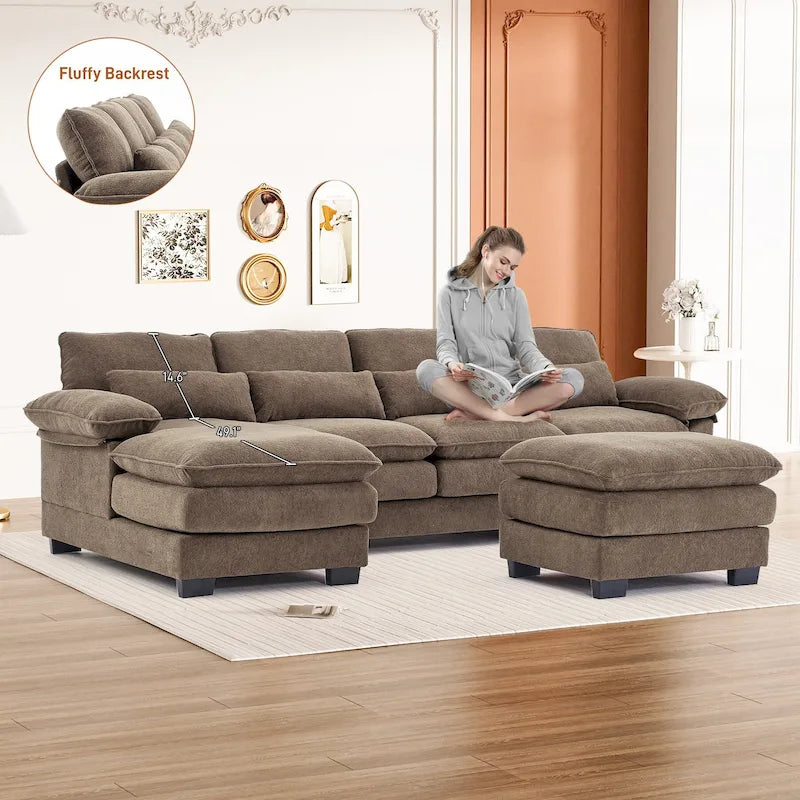 Canapé d'angle en forme de U Ouyessir en tissu chenille doux avec coussins double couche
