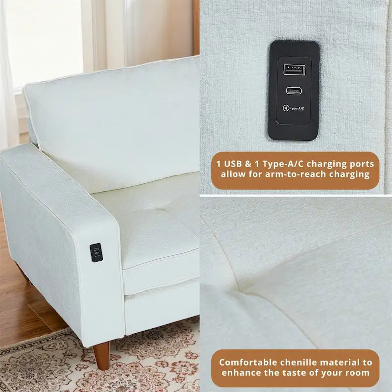 Canapé inclinable moderne en chenille de 210 cm (82,6 pouces) pour salon, canapé deux places, housse amovible avec port USB, installation facile