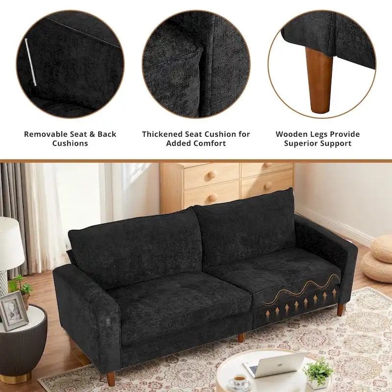 Canapé inclinable moderne en chenille de 210 cm (82,6 pouces) pour salon, canapé deux places, housse amovible avec port USB, installation facile
