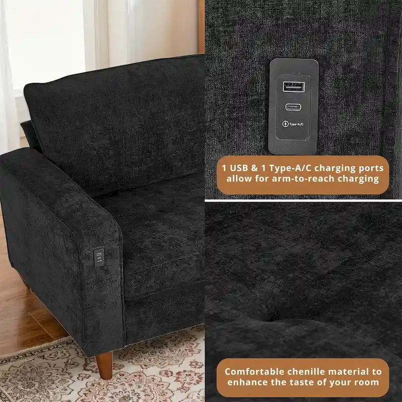 Canapé inclinable moderne en chenille de 210 cm (82,6 pouces) pour salon, canapé deux places, housse amovible avec port USB, installation facile