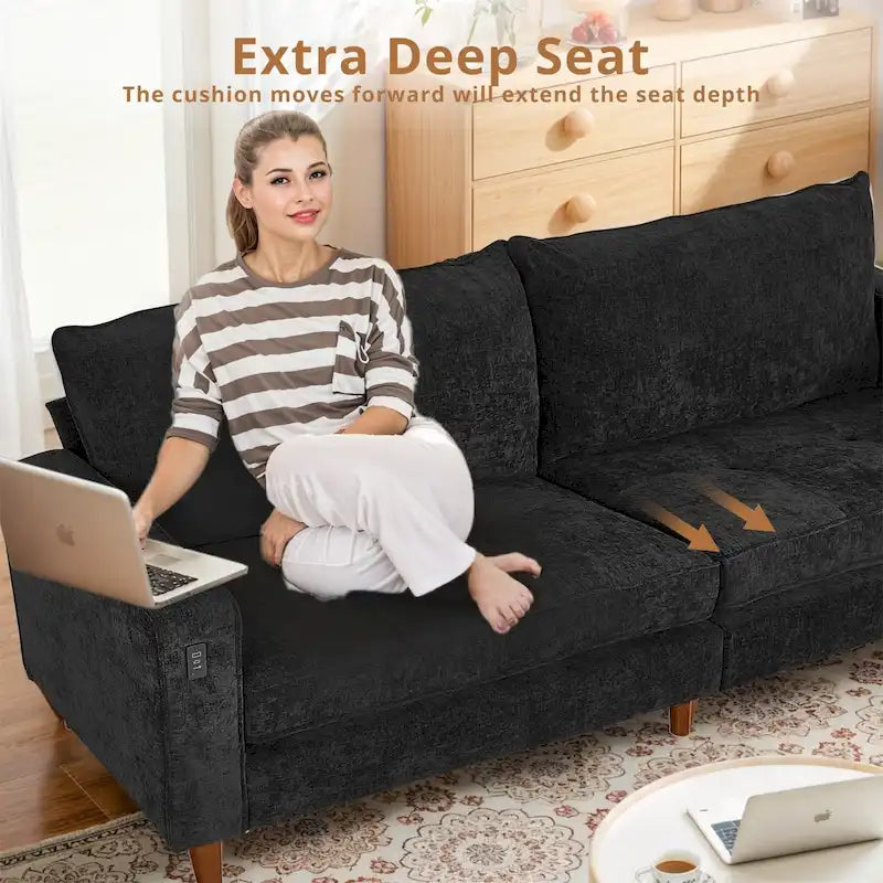 Canapé inclinable moderne en chenille de 210 cm (82,6 pouces) pour salon, canapé deux places, housse amovible avec port USB, installation facile