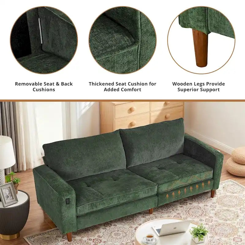 Canapé inclinable moderne en chenille de 210 cm (82,6 pouces) pour salon, canapé deux places, housse amovible avec port USB, installation facile