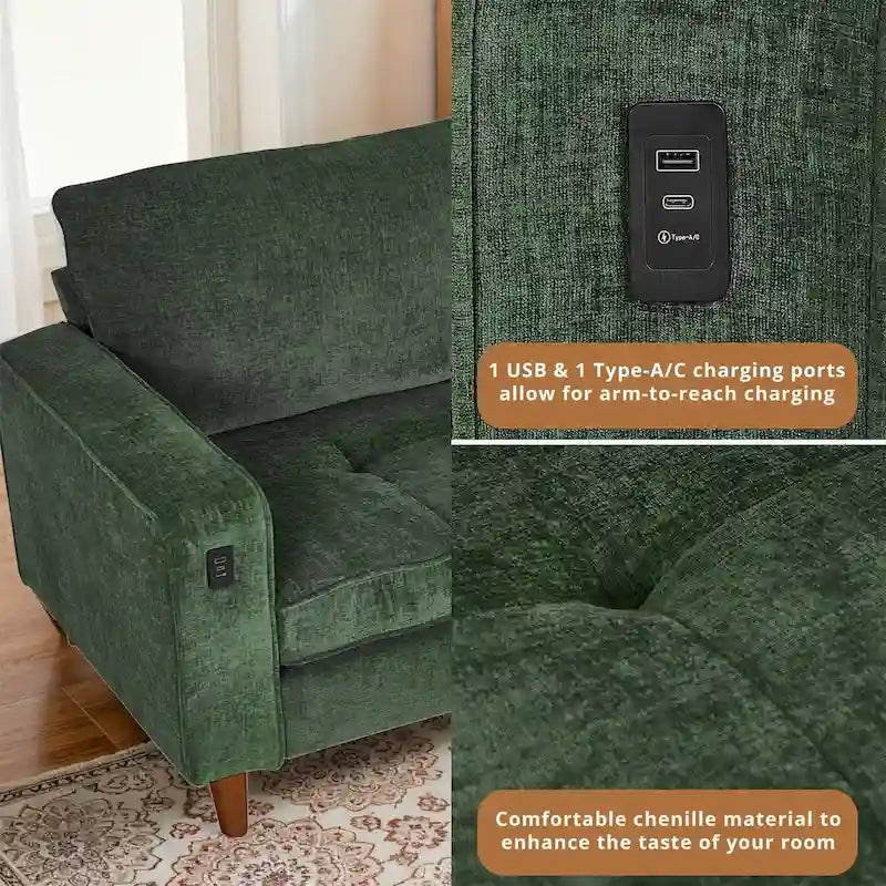 Canapé inclinable moderne en chenille de 210 cm (82,6 pouces) pour salon, canapé deux places, housse amovible avec port USB, installation facile