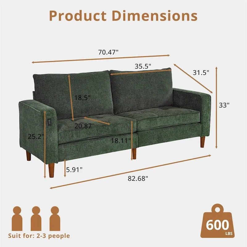 Canapé inclinable moderne en chenille de 210 cm (82,6 pouces) pour salon, canapé deux places, housse amovible avec port USB, installation facile