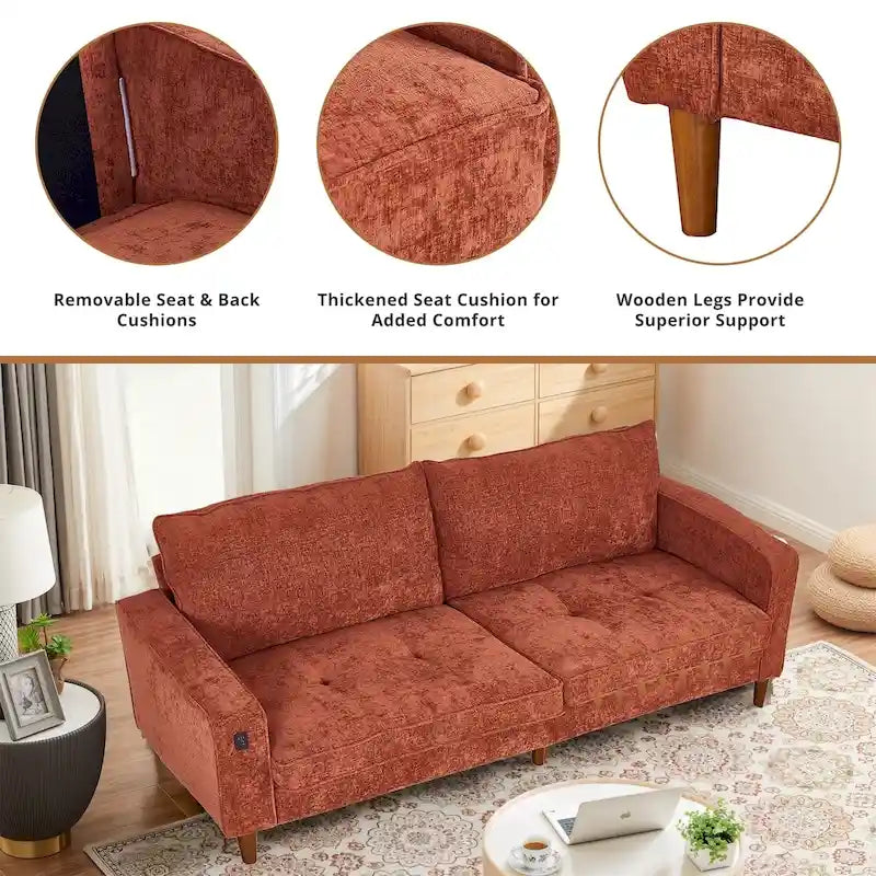 Canapé inclinable moderne en chenille de 210 cm (82,6 pouces) pour salon, canapé deux places, housse amovible avec port USB, installation facile