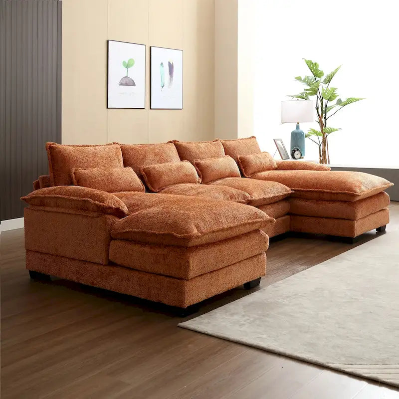 Canapé d'angle en forme de U pour salon, revêtu de chenille et doté de pieds en bois