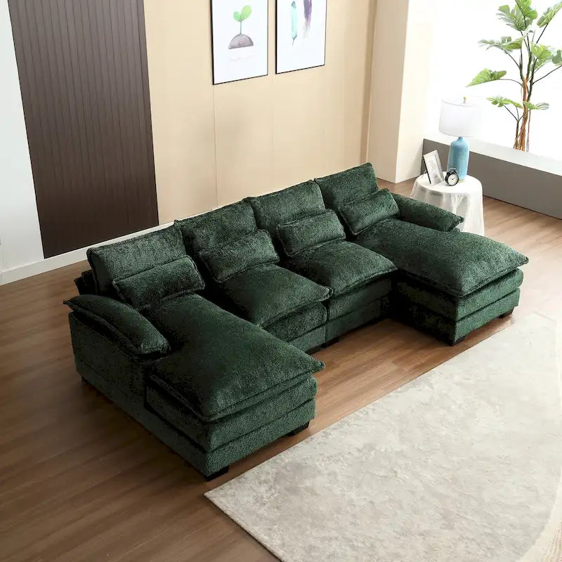Canapé d'angle en forme de U pour salon, revêtu de chenille et doté de pieds en bois