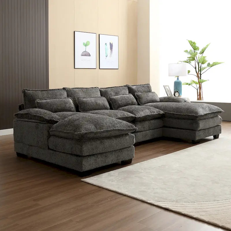 Canapé d'angle en forme de U pour salon, revêtu de chenille et doté de pieds en bois