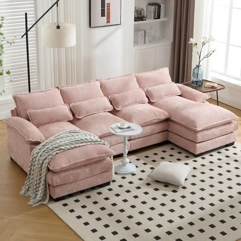 Canapé d'angle en forme de U pour salon, revêtu de chenille et doté de pieds en bois