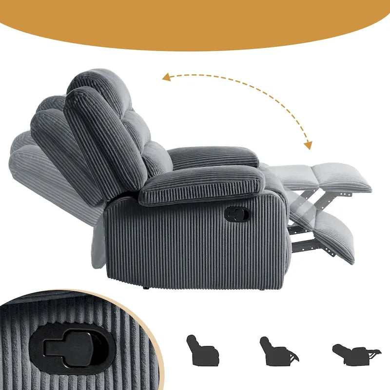 Fauteuil inclinable manuel en velours côtelé de coton rembourré avec accoudoirs larges
