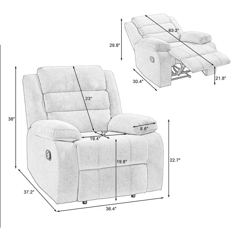 Fauteuil inclinable manuel en velours côtelé de coton rembourré avec accoudoirs larges