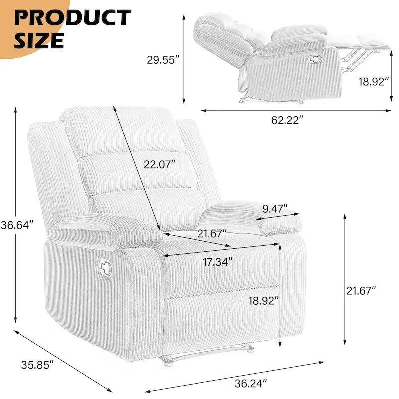 Fauteuil inclinable manuel en velours côtelé de coton rembourré avec accoudoirs larges