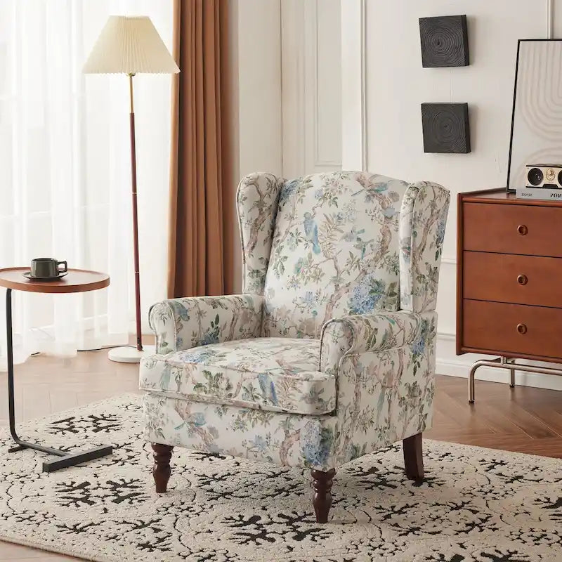 Fauteuil d'appoint moderne Erommy avec dossier haut, canapé une place en tissu rembourré avec détails de boutons et pieds en bois