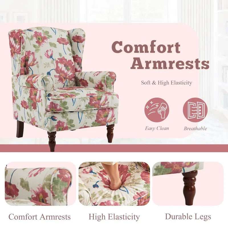 Fauteuil d'appoint moderne Erommy avec dossier haut, canapé une place en tissu rembourré avec détails de boutons et pieds en bois