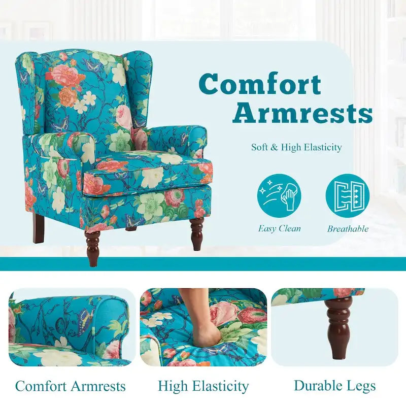 Fauteuil d'appoint moderne Erommy avec dossier haut, canapé une place en tissu rembourré avec détails de boutons et pieds en bois