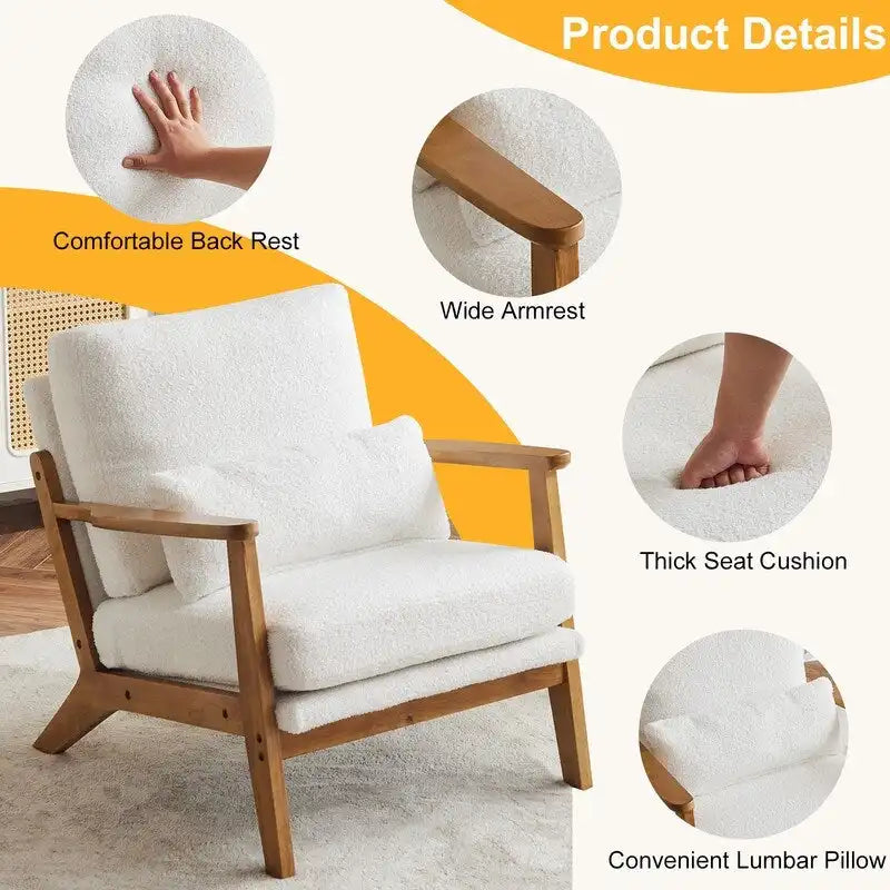 Fauteuil d'appoint beige en lin mélangé, pieds en bois et un coussin.