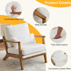 Fauteuil d'appoint beige en lin mélangé, pieds en bois et un coussin.