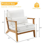 Fauteuil d'appoint beige en lin mélangé, pieds en bois et un coussin.