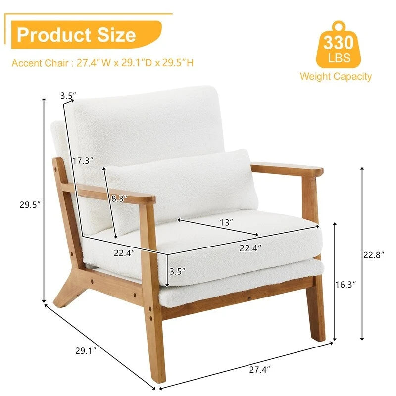 Fauteuil d'appoint beige en lin mélangé, pieds en bois et un coussin.