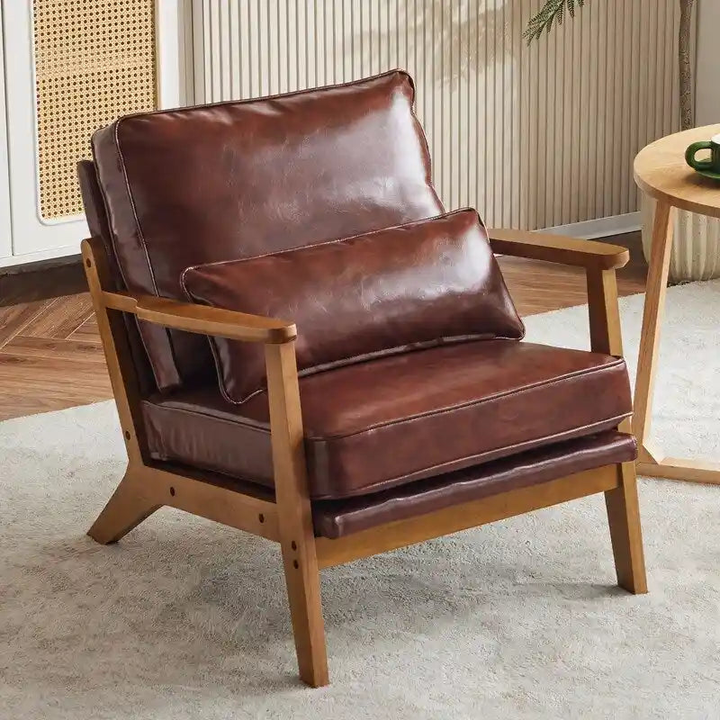 Fauteuil d'appoint beige en lin mélangé, pieds en bois et un coussin.
