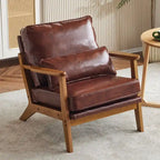 Fauteuil d'appoint beige en lin mélangé, pieds en bois et un coussin.