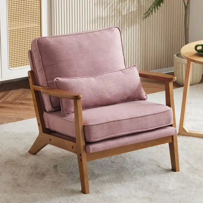 Fauteuil d'appoint beige en lin mélangé, pieds en bois et un coussin.