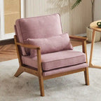 Fauteuil d'appoint beige en lin mélangé, pieds en bois et un coussin.