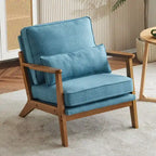 Fauteuil d'appoint beige en lin mélangé, pieds en bois et un coussin.