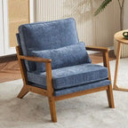 Fauteuil d'appoint beige en lin mélangé, pieds en bois et un coussin.