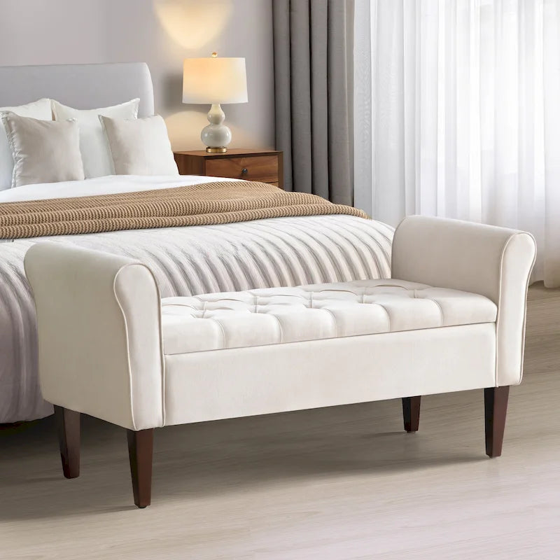 Banc de rangement rembourré avec accoudoirs, banc d'entrée avec couvercle capitonné rabattable, 128 cm (50,4 pouces).