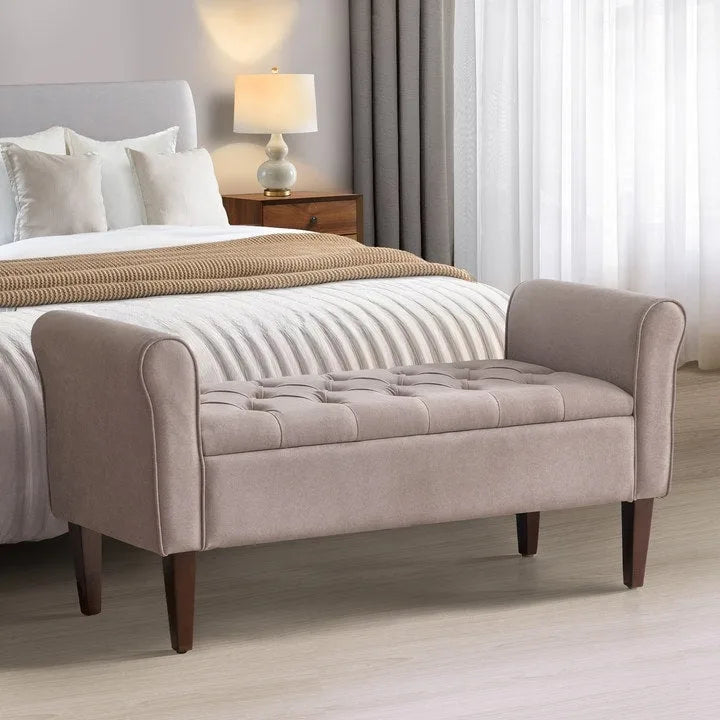 Banc de rangement rembourré avec accoudoirs, banc d'entrée avec couvercle capitonné rabattable, 128 cm (50,4 pouces).