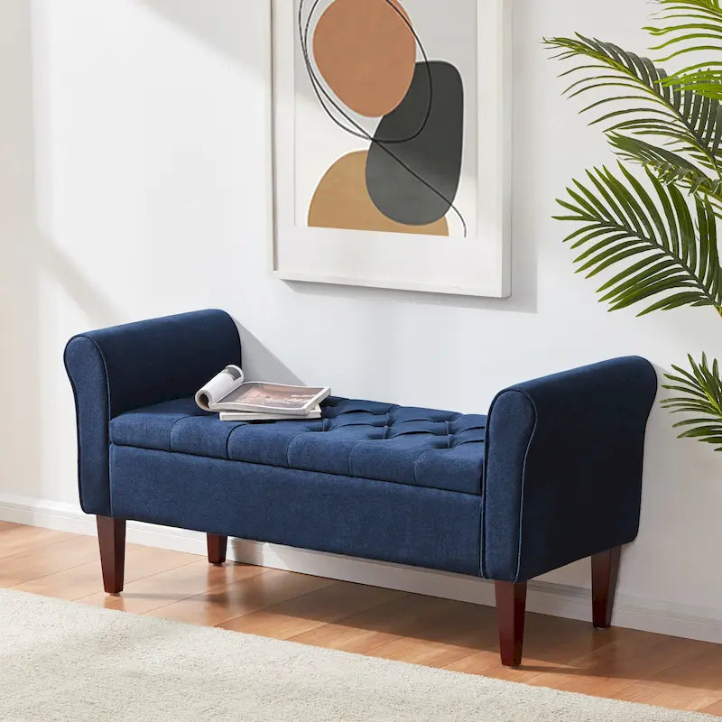 Banc de rangement rembourré avec accoudoirs, banc d'entrée avec couvercle capitonné rabattable, 128 cm (50,4 pouces).