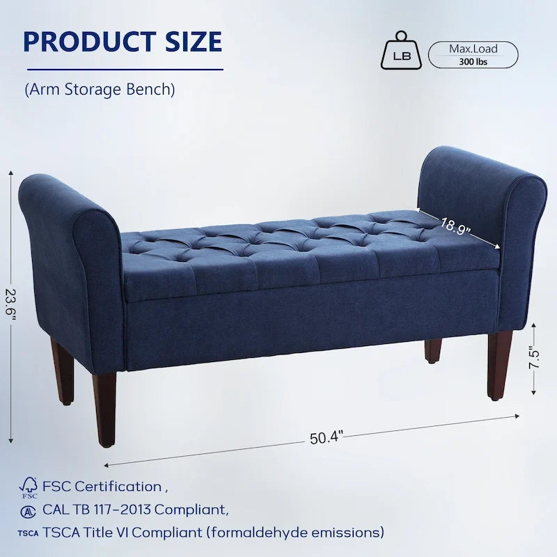 Banc de rangement rembourré avec accoudoirs, banc d'entrée avec couvercle capitonné rabattable, 128 cm (50,4 pouces).