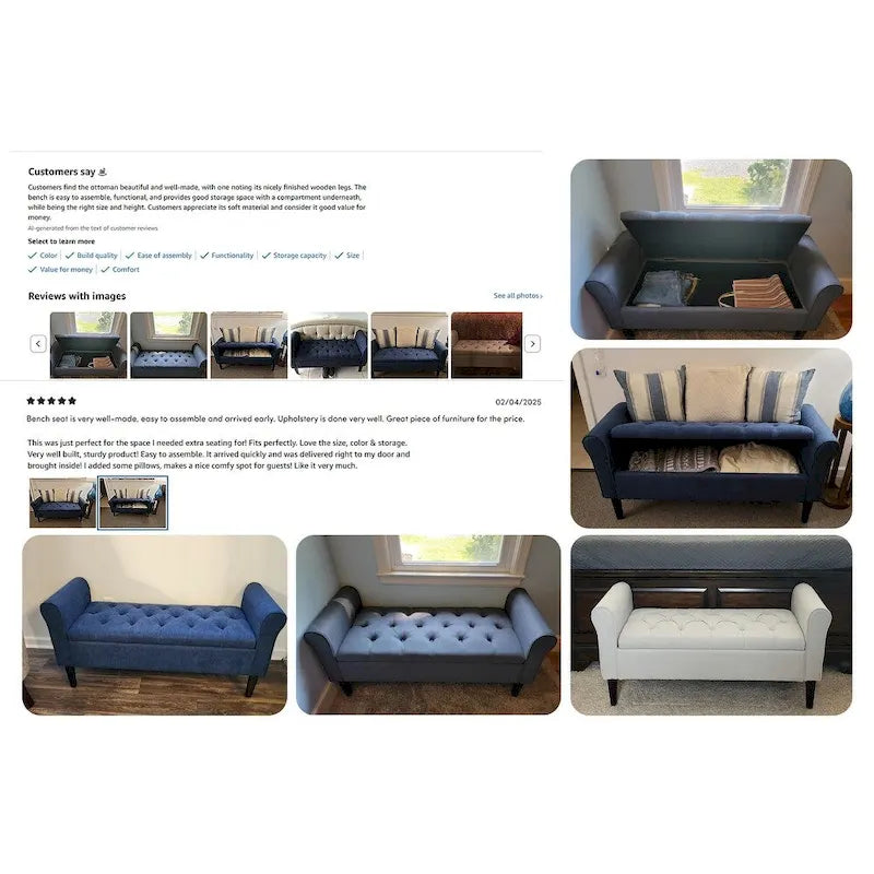 Banc de rangement rembourré avec accoudoirs, banc d'entrée avec couvercle capitonné rabattable, 128 cm (50,4 pouces).