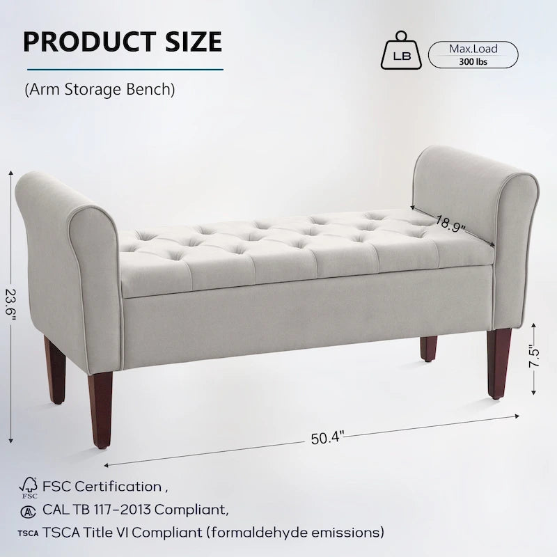 Banc de rangement rembourré avec accoudoirs, banc d'entrée avec couvercle capitonné rabattable, 128 cm (50,4 pouces).