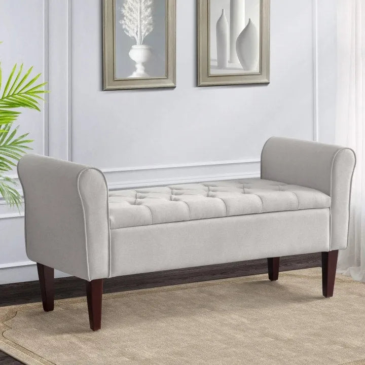 Banc de rangement rembourré avec accoudoirs, banc d'entrée avec couvercle capitonné rabattable, 128 cm (50,4 pouces).
