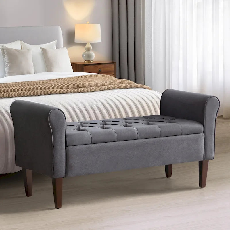 Banc de rangement rembourré avec accoudoirs, banc d'entrée avec couvercle capitonné rabattable, 128 cm (50,4 pouces).