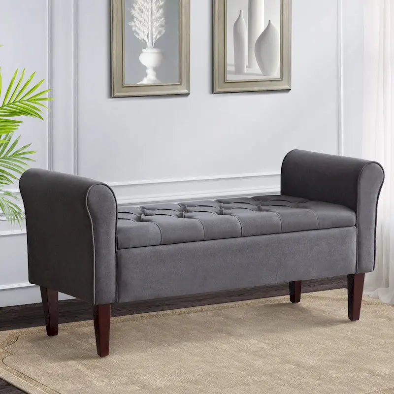 Banc de rangement rembourré avec accoudoirs, banc d'entrée avec couvercle capitonné rabattable, 128 cm (50,4 pouces).