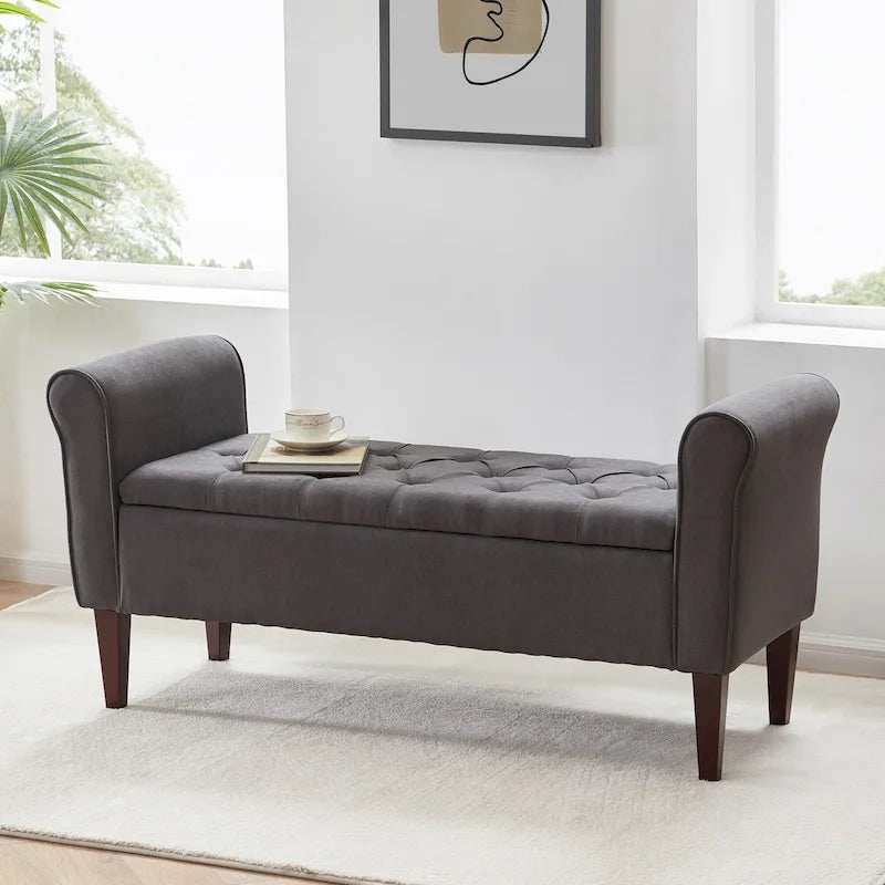 Banc de rangement rembourré avec accoudoirs, banc d'entrée avec couvercle capitonné rabattable, 128 cm (50,4 pouces).