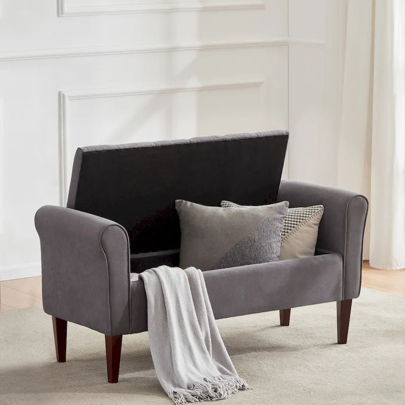 Banc de rangement rembourré avec accoudoirs, banc d'entrée avec couvercle capitonné rabattable, 128 cm (50,4 pouces).