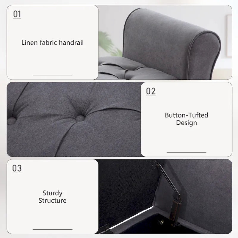 Banc de rangement rembourré avec accoudoirs, banc d'entrée avec couvercle capitonné rabattable, 128 cm (50,4 pouces).