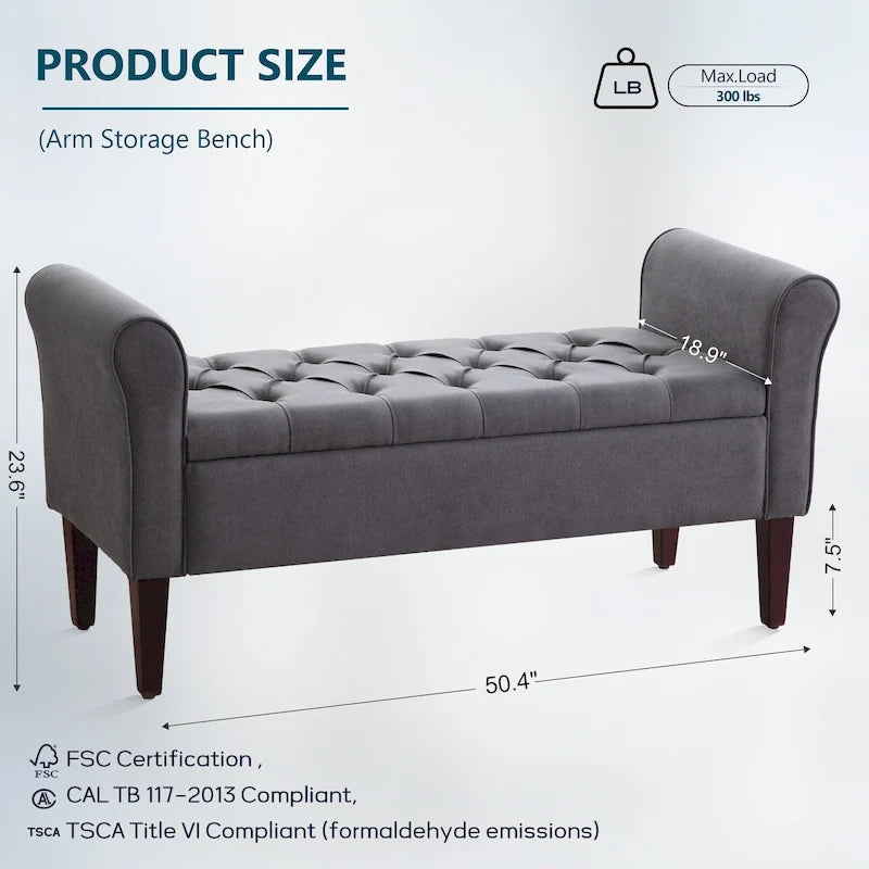 Banc de rangement rembourré avec accoudoirs, banc d'entrée avec couvercle capitonné rabattable, 128 cm (50,4 pouces).