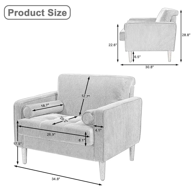 Ensemble de 2 fauteuils d'appoint surdimensionnés en tissu velours côtelé avec pieds en bois