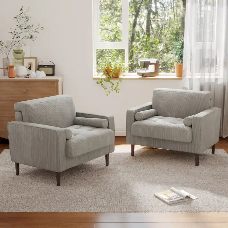 Ensemble de 2 fauteuils d'appoint surdimensionnés en tissu velours côtelé avec pieds en bois