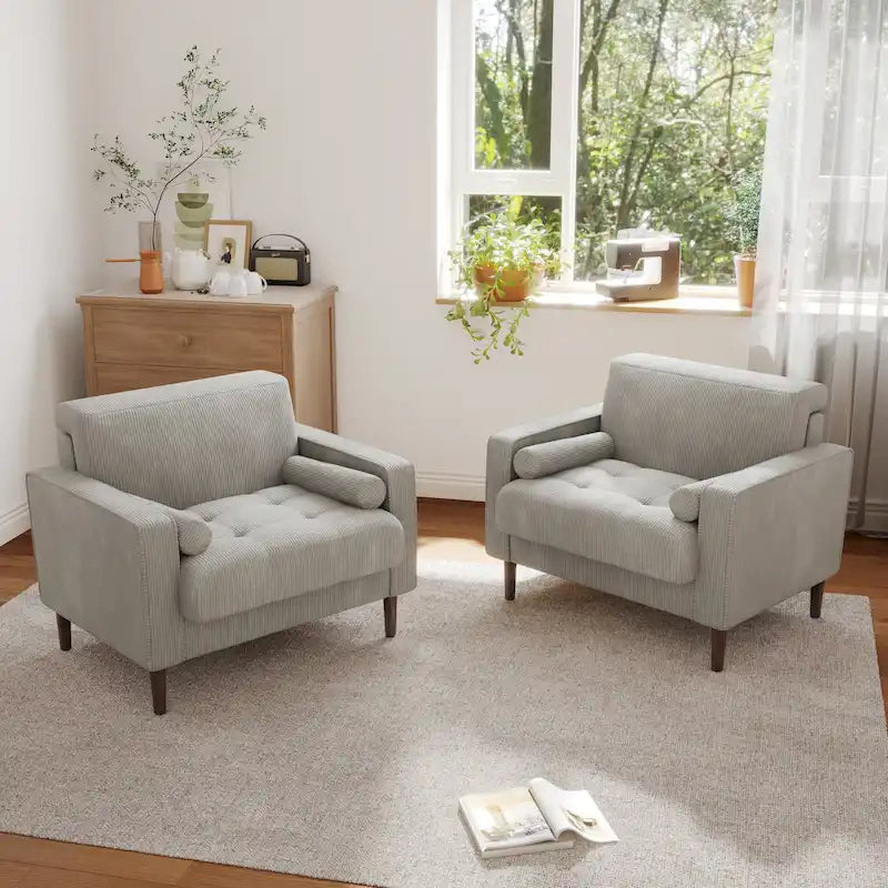 Ensemble de 2 fauteuils d'appoint surdimensionnés en tissu velours côtelé avec pieds en bois