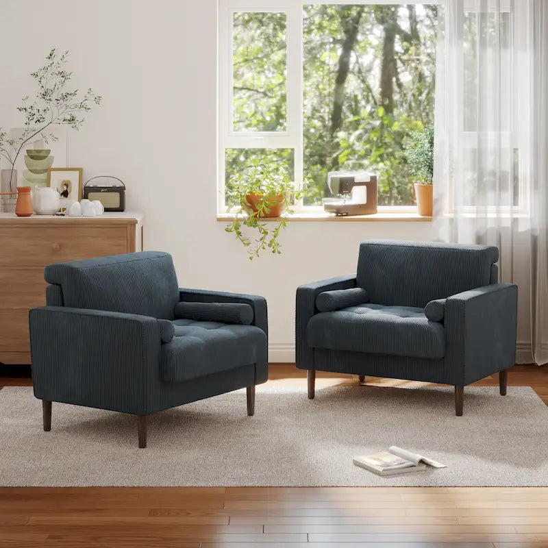 Ensemble de 2 fauteuils d'appoint surdimensionnés en tissu velours côtelé avec pieds en bois