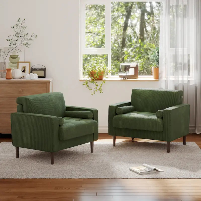 Ensemble de 2 fauteuils d'appoint surdimensionnés en tissu velours côtelé avec pieds en bois